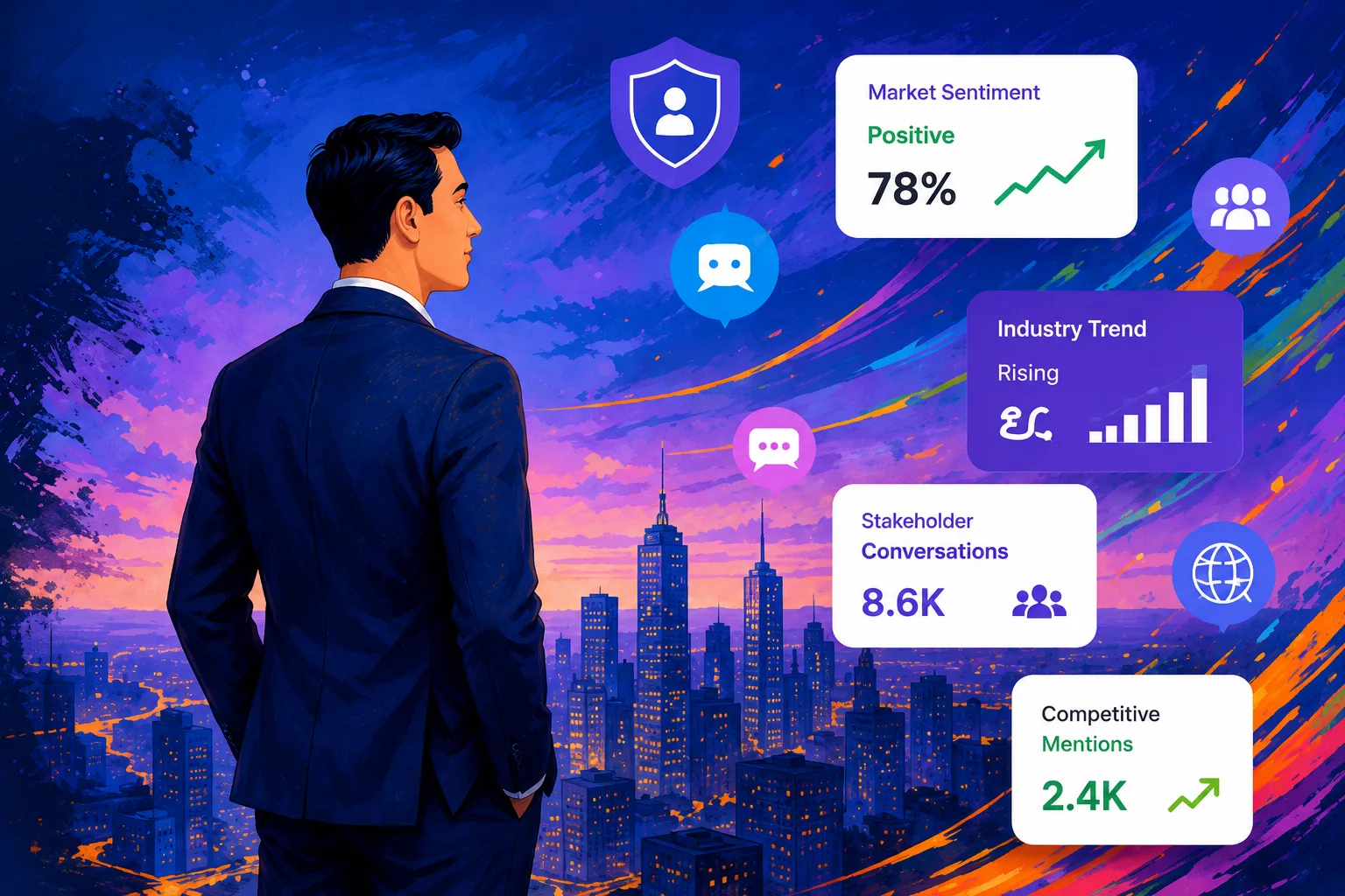 Enterprise leader overlooking a city skyline with live sentiment, trend and conversation insights