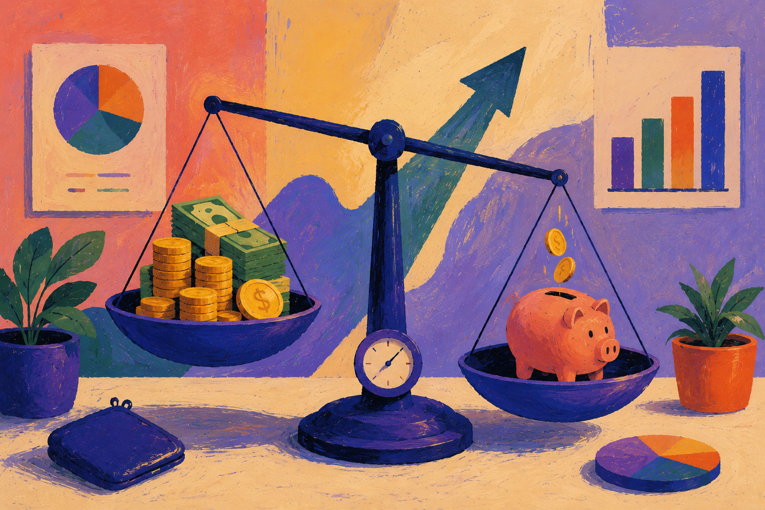 A balance scale weighing stacks of cash against a piggy bank — fair, transparent pricing